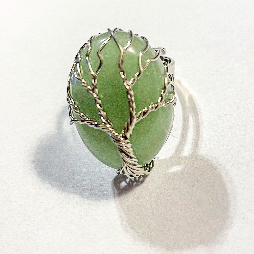 Green Aventurine Gemstone Tree of Life Adjustable Ring